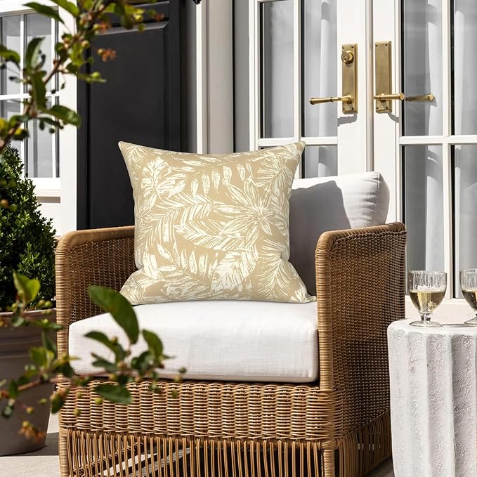 LVTXIII 2 Pack Outdoor Pillow Covers ONLY 18x18 Inch, Water-Repellent Square Decorative Cushion Covers for Patio Furniture, Garden, Sofa, Tropical Leaf Oat