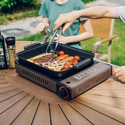 Portable Propane Gas Stove with Grill Pan and Lid | Butane Camping Stove Instant Ignition for Patio Backyard Home Cooking Camping RV Tailgating Emergency Use, GS349
