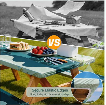 Picnic Table Cover Bench Covers Camping Essentials Tablecloth | Waterproof Vinyl for Outdoor, Windproof Elastic Fitted Edges, RV BBQ Accessories Must Haves, Storage Bag Included