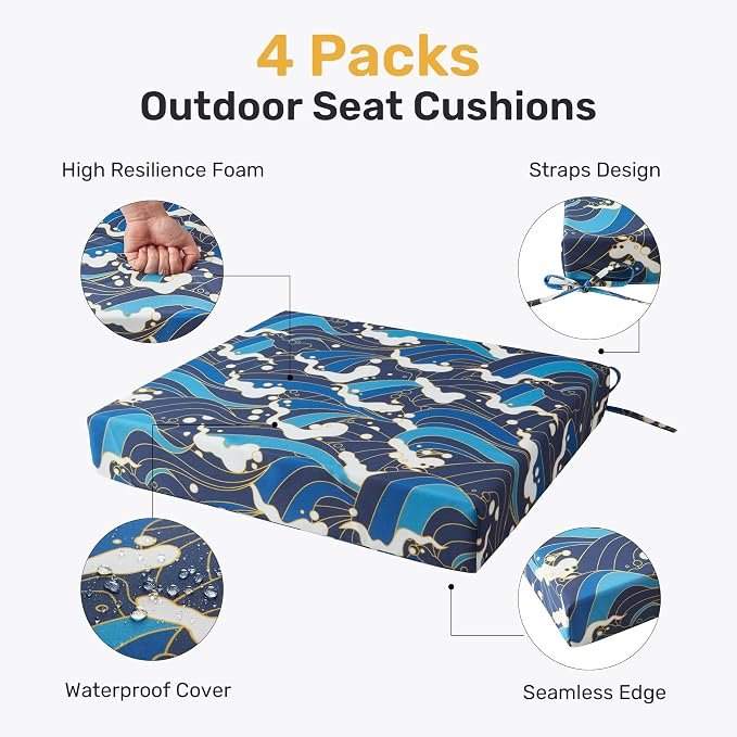 UNIKOME Outdoor Chair Cushions Pack of 4, Water Resistant Patio Cushions with Ties, High Density Sponge Filling Square Corner Seat Cushions for Outdoor Furniture, 18.5"*16"*3", Blue/Waves