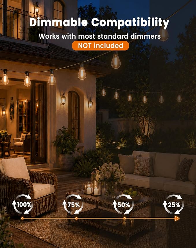 Outdoor String Lights 60FT(50+10) Waterproof, 25 LED S14 Shatterproof Edison Bulbs, 2FT Spacing, Extension Cord, Connectable Plug in Hanging Patio Lights for Outside, Backyard, Warm White