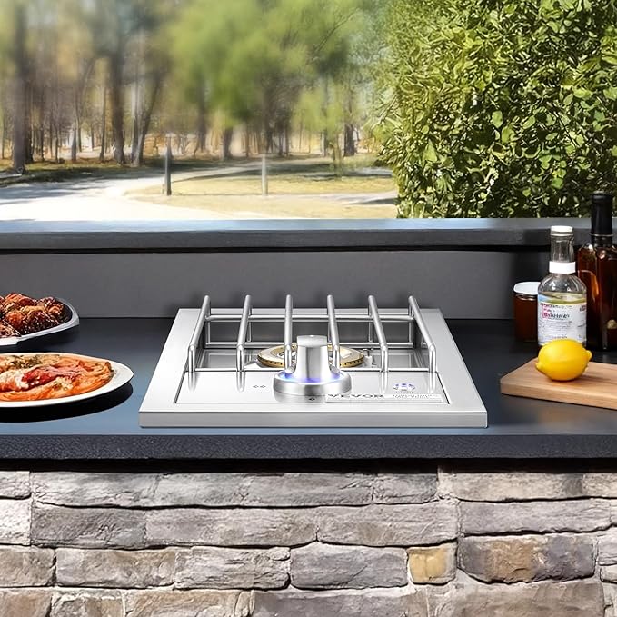 VEVOR Single Grilling Side Burner, 17,000BTU Liquid Propane Side Burner for Outdoor Kitchen, Convertible to Natural Gas, 304 Stainless Steel Built-in Single Grill Burners with LED for BBQ Grill Island