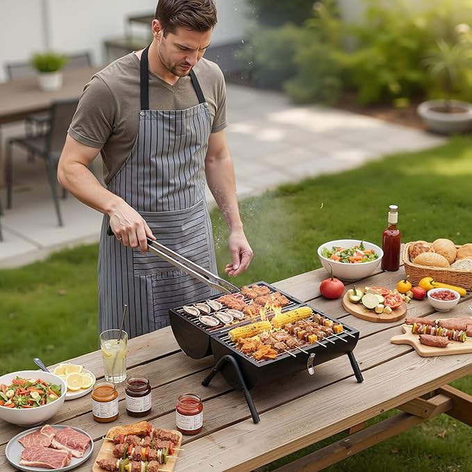 VINGLI Portable Double Sides Charcoal Grill, Wooden Handle,Storage Bag, Multi-functional Metal Compact Tabletop BBQ Outdoor Charcoal Grill for Camping Travel Picnic Patio