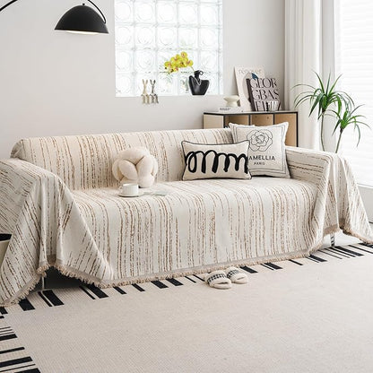 WEYOND Chenille Couch Cover Tassels, Sofa Cover Washable, 71" x 118", Khaki | Pet Friendly Sofa Slipcover for Sectional Sofa, Loveseat, 2 or 3 Cushion Couch, Corner Sofa, Futon Cover