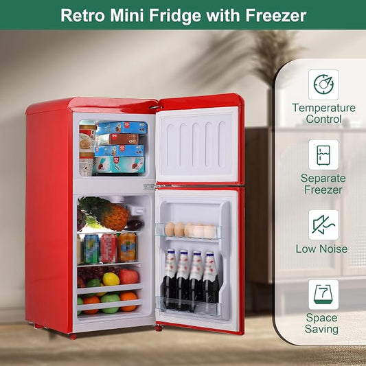 Retro Mini Fridge with Freezer 4.0 Cu. Ft, Small Refrigerator with 7 Level Adjustable Thermostat, Compact Classic Dual Door Fridge Removable Glass Shelves for Apartments, Dorm, Office, Red