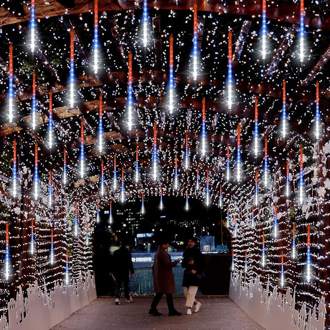 LAMPHOME 12in Red White Blue Patriotic Icicle Lights, 4th of July Outdoor Lights Meteor Shower Snow Falling Lights 10 Tubes 240 LED Waterproof Plug in, Fourth of July Outdoor Decor for Yard Tree House
