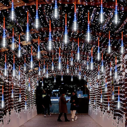 LAMPHOME 12in Red White Blue Patriotic Icicle Lights, 4th of July Outdoor Lights Meteor Shower Snow Falling Lights 10 Tubes 240 LED Waterproof Plug in, Fourth of July Outdoor Decor for Yard Tree House