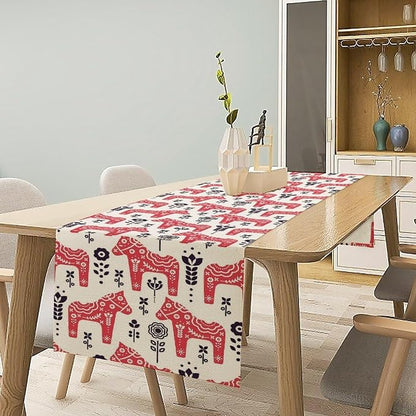 Ethnic Table Runner, Folk Inspired Swedish Dala Horse with Floral Ornaments Folklore Art Decor for Garden Farmhouse Wedding Party Holiday Dinner Home 13x90 Inch