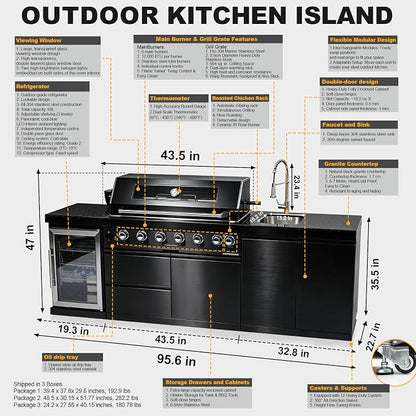 95.6" 6-Burner Modular Outdoor Kitchen Island, 85,000 BTU Propane Gas Grill | 6 Burners, Rear Infrared, Granite Countertop, Fridge, 360°Faucet,304 Sink, Rotisserie, Storage Cabinet