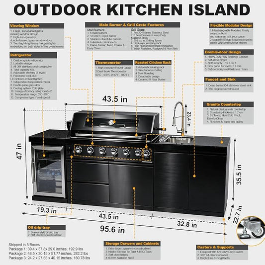 95.6" 6-Burner Modular Outdoor Kitchen Island, 85,000 BTU Propane Gas Grill | 6 Burners, Rear Infrared, Granite Countertop, Fridge, 360°Faucet,304 Sink, Rotisserie, Storage Cabinet