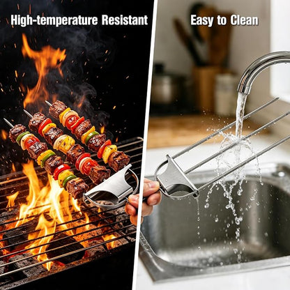 3 Prong Skewers for Grilling, Reusable Metal Kabob Skewers | 14.7" Stainless Steel BBQ Skewer with Push-Off Slider, Outdoor Grill Accessories, for Barbecuing, Grilling