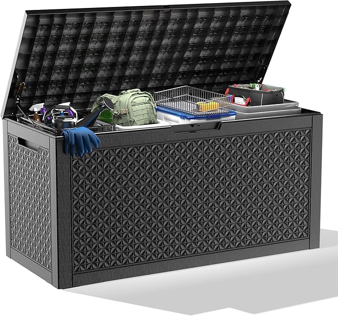 PatioZen 121 Gallon Resin Deck Box, Lockable Outdoor Storage Box for Patio Cushions Storage Furniture,Garden Tools, Pool Supplies, Weatherproof and UV Resistant (Black)