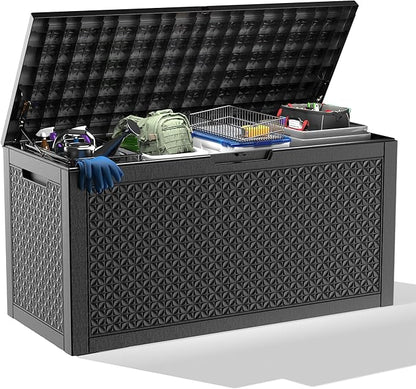 PatioZen 121 Gallon Resin Deck Box, Lockable Outdoor Storage Box for Patio Cushions Storage Furniture,Garden Tools, Pool Supplies, Weatherproof and UV Resistant (Black)