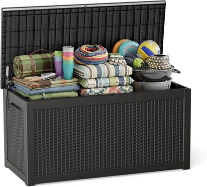ROJIK 320 Gallon Deck Box Outdoor Waterproof,Weatherproof Outdoor Storage Boxes Lockable with Lid,Outside Resin Storage Bench for Patio Cushions,Garden Tools and Pool Accessories(Black)