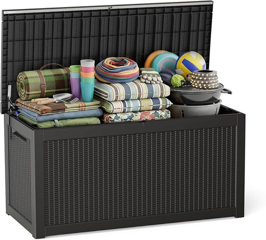 ROJIK 320 Gallon Deck Box Outdoor Waterproof,Weatherproof Outdoor Storage Boxes Lockable with Lid,Outside Resin Storage Bench for Patio Cushions,Garden Tools and Pool Accessories(Black)