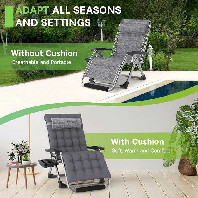ZENPETIO Oversized Zero Gravity Chair, 33In XXL 500LBS with Cushion | Anti Gravity Recliner Lounge Chair with Aluminum Alloy Lock & Footrest, 90-170° Adjustable, for Lawn Patio Indoor Outdoor