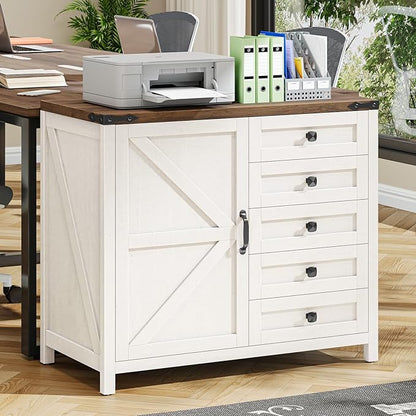 Vabches 5 Drawer Storage Cabinet, Office Storage Cabinet with Door and Adjustable Shelf, Large Farmhouse Printer Stand for Home Office, Rustic White