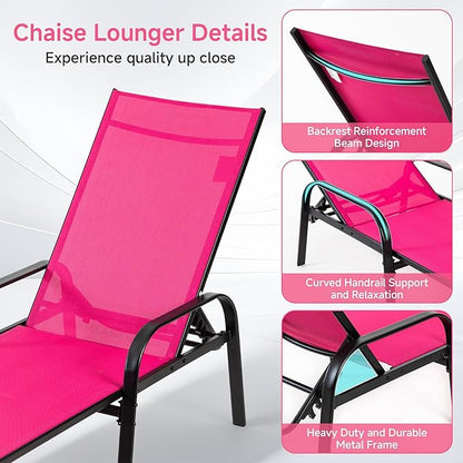 DUMOS Outdoor Lounge Chaise, 5-Position Chaise Lounge with Armrests, Sun Tanning Chair 350 lbs Heavy Duty Patio Pool Chair, Waterproof Sun Lounger for Deck, Backyard, Beach, Rose Pink