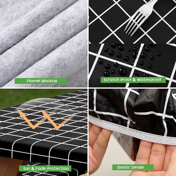 Picnic Table Cover with Bench Covers, Waterproof Tablecloth Set, Black Grid | Fitted 6ft Tables, for Outdoor Camping, RV, Includes 1 Table Cover(30"x72"), 2 Bench Covers(72"x12"), Drawstring Storage Bag