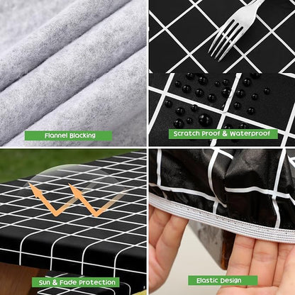 Picnic Table Cover with Bench Covers, Waterproof Tablecloth Set, Black Grid | Fitted 6ft Tables, for Outdoor Camping, RV, Includes 1 Table Cover(30"x72"), 2 Bench Covers(72"x12"), Drawstring Storage Bag