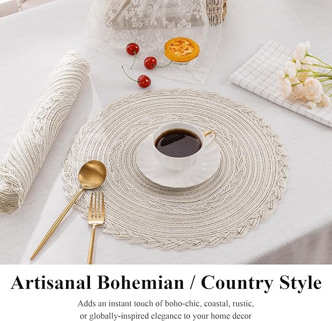 SHACOS Round Placemats Set of 6 Boho Braided Bordered Place Mats 15 inch for Dining Tables Wedding Holiday Party (Ivory Bordered, 6)