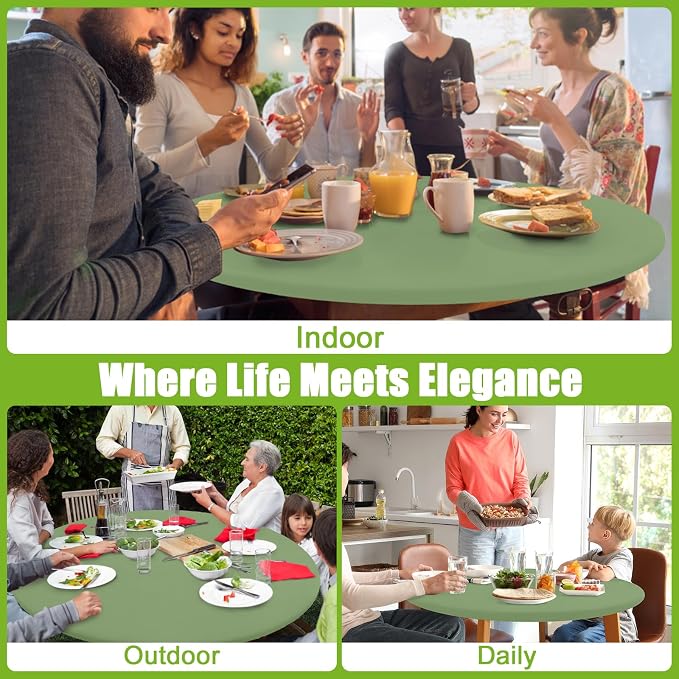 Smiry Round Spandex Tablecloth, Elastic Fitted Washable Tablecloths for 36"-44" Tables, Waterpoof Stretch Picnic Table Cover for Dining, Indoor and Outdoor, Sage Green