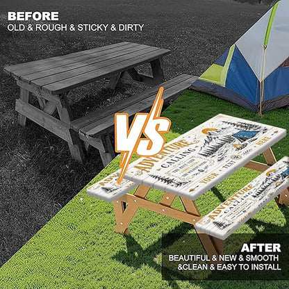 Forest Mountain Sun Wooden Picnic Table Cover with Bench Covers and Bag | Elastic Edges Camper Fitted Table Cover, 96 Inch 3 PCS Outdoor Patio Camping Essentials, Waterproof Camping Fitted Tablecloth