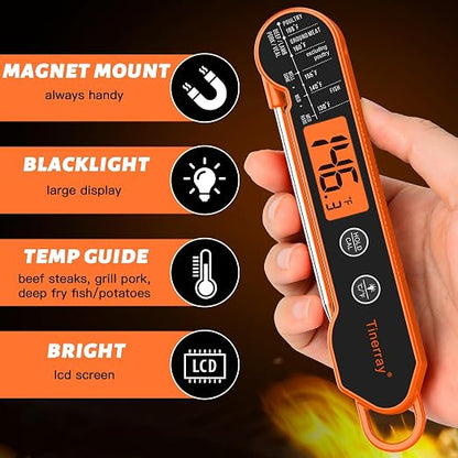 Professional Digital Meat Thermometer Instant Read Waterproof – Folding Probe Food Thermometer with Backlight & Calibration, Fast Read for BBQ, Grill, Deep Fry, Liquids, Gift for Chef (Orange)