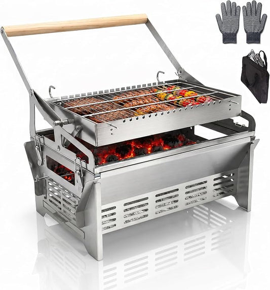 PYY Upgraded 360° Rotating Barbecue Grill Outdoor Rotating BBQ Grill | Easy Flip Grill, Heat-Resistant Wooden Handle, Thickened SUS Food Grade Mesh, Adjustable Height Grill & Charcoal Tray