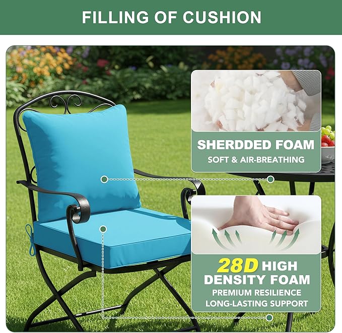 Summsun Outdoor Chair Cushions Set of 4, 19 x 19 Inch, Teal | Double-Sided Water Resistant, Removable Cover, Back Pillow & Seat Cushion, Tie Straps, Fit for Patio, Garden, Sofa Couch