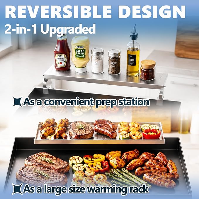 SafBbcue Griddle Warming Rack for Blackstone 17"/22" Griddles, Reversible Warming Rack/Shelf for Blackstone Flat Top Griddle Accessories to Expand Cooking Space, Universal Stainless Steel, 1 Pack
