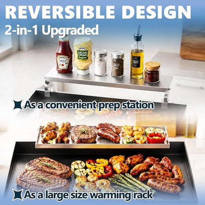 SafBbcue Griddle Warming Rack for Blackstone 17"/22" Griddles, Reversible Warming Rack/Shelf for Blackstone Flat Top Griddle Accessories to Expand Cooking Space, Universal Stainless Steel, 1 Pack