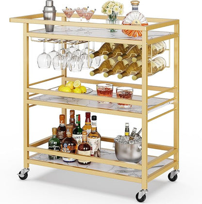 Leteuke Bar Cart for Home, 3 Tier Gold Serving Rolling Carts with Wheels | Drink Cart, Liquor Stand with Marbled Wooden Shelves, Wine Rack and Glass Holder for Kitchen, Dining Room