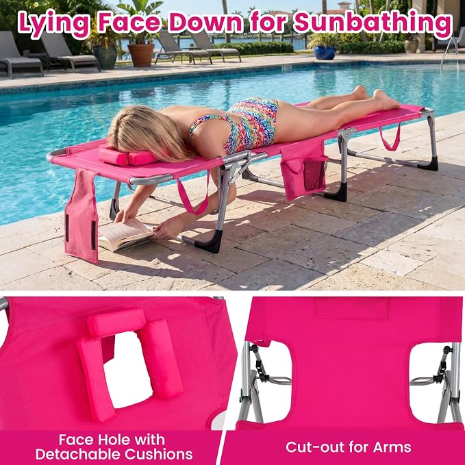 HAPPYGRILL Folding Tanning Chair with Face Hole, Outdoor Beach Sunbathing Chaise Lounge with Adjustable Backrest, Side Pocket, Pillow, Portable Recliner for Poolside Backyard