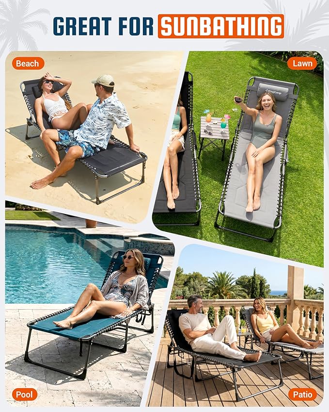 KingCamp Oversized Tanning Chair, Extra-Wide Padded Folding Chase Lounge Chairs Portable Adjustable 5-Position 440lbs Heavy Duty Lounger with Double-Layer Oxford for Outdoor Beach Patio Sun Pool Blue