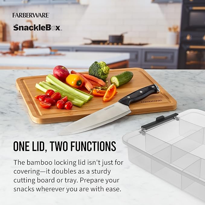 Farberware Build Snacklebox Serving Tray with Locking Bamboo Cutting Board Lid, Portable Storage Container with Compartments for Charcuterie, and More, Natural (Pack of 4)