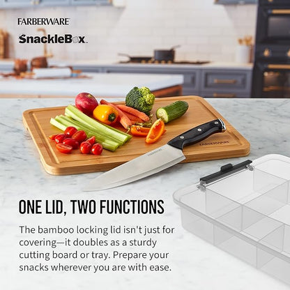 Farberware Build Snacklebox Serving Tray with Locking Bamboo Cutting Board Lid, Portable Storage Container with Compartments for Charcuterie, and More, Natural (Pack of 4)