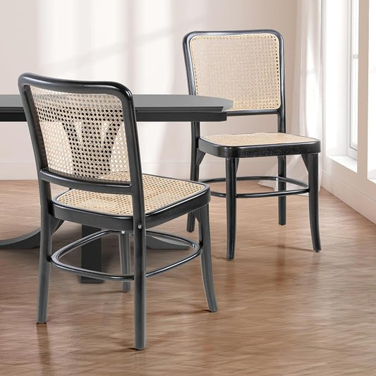 JONATHAN Y Colmar Mid-Century Black Mahogany Rattan Dining Chairs Set of 2 | For Kitchen And Home Office, Woven Cane Back, Armless Side Seating, Indonesian Solid Wood, Vintage Bohemian Style
