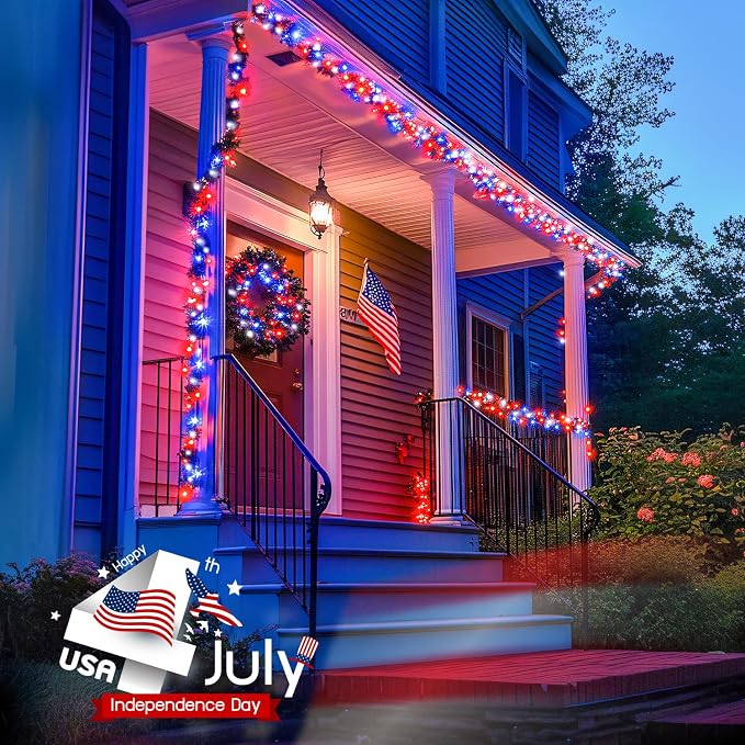 JMEXSUSS 400 LED Red White and Blue Lights Plug in | 4th of July Decorations Patriotic Lights Outdoor for American Holiday Tree Party Independence Memorial Day Decor