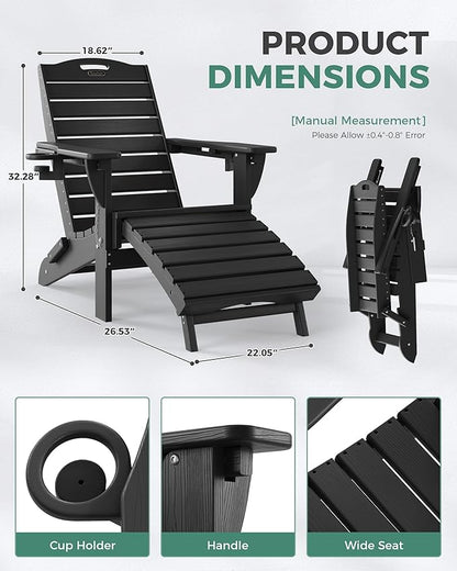 Adjustable Adirondack Chairs Set of 2 with Retractable Ottoman, HDPE Folding Adirondack Chair with Cup Holders, Weather Resistant for Backyard, Poolside & Fire Pit (Black)