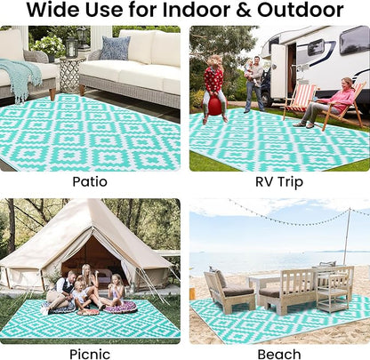 Smiry Outdoor Rug 5x8 ft Waterproof Reversible Boho Mat, White & Teal | Polypropylene Plastic Straw, Quick Drying, Lightweight Foldable, for Patio, Deck, RV Camping, Backyard and Indoor Outdoor Use