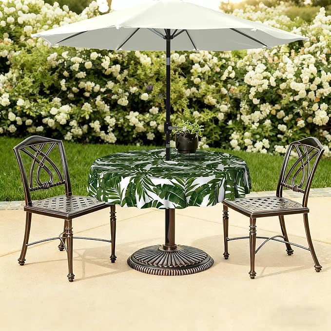 LVTXIII Outdoor Tablecloth with Umbrella Hole and Zipper, 60 Inch Water-Repellent Patio Table Cloth, Round Table Covers for Backyard Garden, Palm Green
