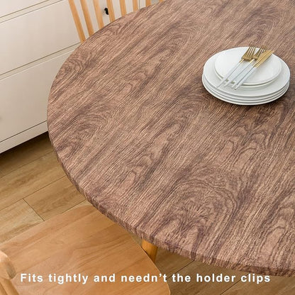 LIBERECOO Round Vinyl Fitted Tablecloth with Flannel Backing Elastic Edge Table Cover Waterproof Stain-Resistant Wipeable Tablecloths Fits 57-65" Round Tables