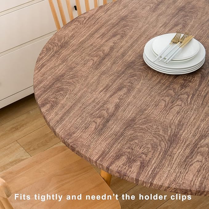 LIBERECOO Round Vinyl Fitted Tablecloth with Flannel Backing Elastic Edge Table Cover Waterproof Stain-Resistant Wipeable Tablecloths Fits 45-56" Round Tables