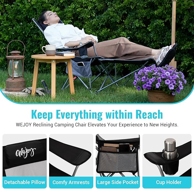#WEJOY 2-in-1 Reclining Camping Chair with Footrest for Adults Folding Lounge Chair with Adjustable Backrest Lightweight Camping Chairs Heavy Duty Camp Chairs for Outdoor