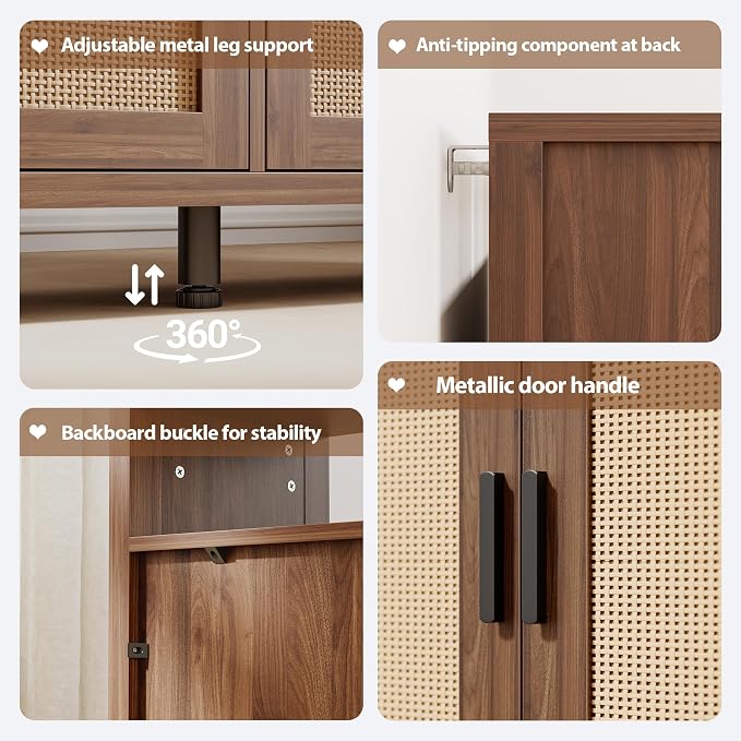 Rattan Buffet Cabinet with Storage, Sideboard with Doors, Console Table, Farmhouse Coffee Bar, Modern Wood Storage Cabinets(Walnut 2.0)