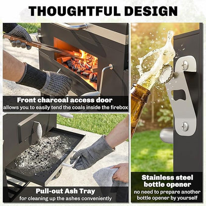 Outsunny Charcoal BBQ Grill, Outdoor Portable Cooker for Camping or Backyard Picnic with Side Table, Bottom Storage Shelf, Wheels and Handle, Black
