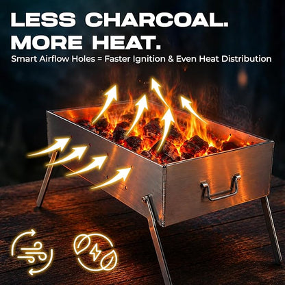 TSG Portable Stainless Steel Mangal Charcoal Grill For Shish Kebab, Steaks, Burgers | 20X12Inch| Includes 6 Skewers, 2 Tongs & Carry Bag | Foldable & Rustproof for Outdoor Cooking | Serves 8-12 People