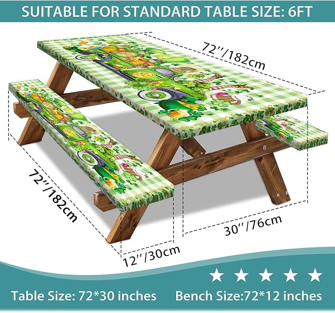 St. Patrick's Day Picnic Table Cover with Bench Covers, Camping Essentials, Plaid Truck Gnomes Clover Outdoor Table Covers, Waterproof, Fitted Tablecloth Cover with Elastic Edge, 3 PCS, 30x72 Inch