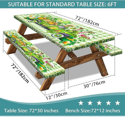 St. Patrick's Day Picnic Table Cover with Bench Covers, Camping Essentials, Plaid Truck Gnomes Clover Outdoor Table Covers, Waterproof, Fitted Tablecloth Cover with Elastic Edge, 3 PCS, 30x72 Inch